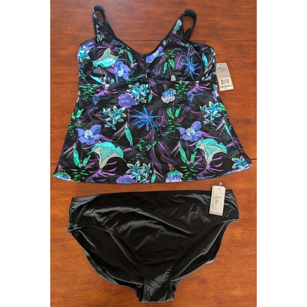NEW Swim Plus 20W Purple Black Floral 2pc Swimsuit Tankini Your Best Look